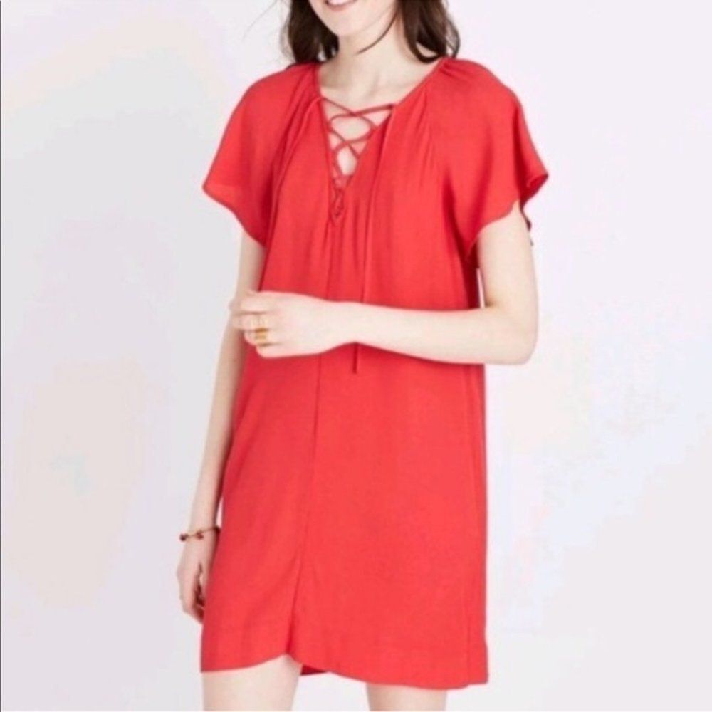 Madewell Red Lace Up Flutter Sleeve Dress Small